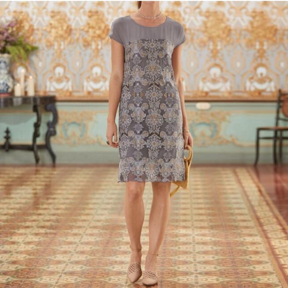 Sundance Stardust Embroidered Damask Gray Gold Sleeveless size Medium